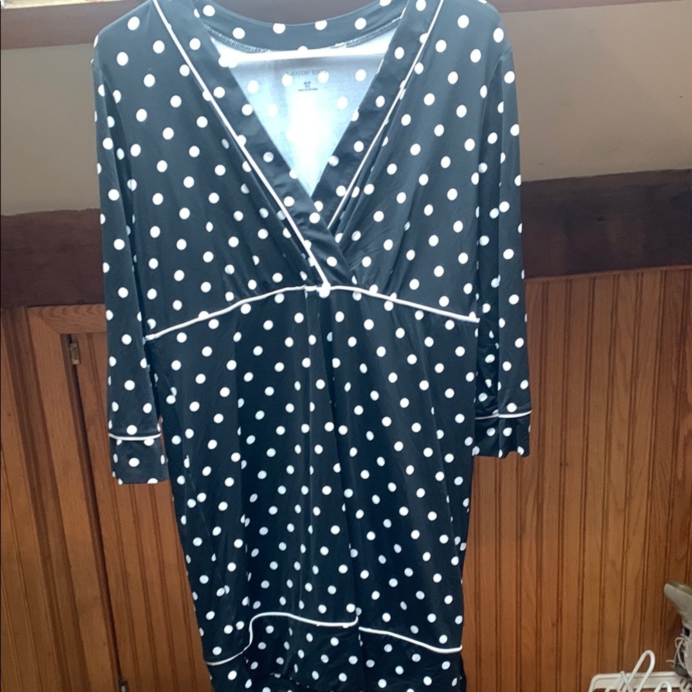Lands' End Black and White Polka Dot V-Neck Dress